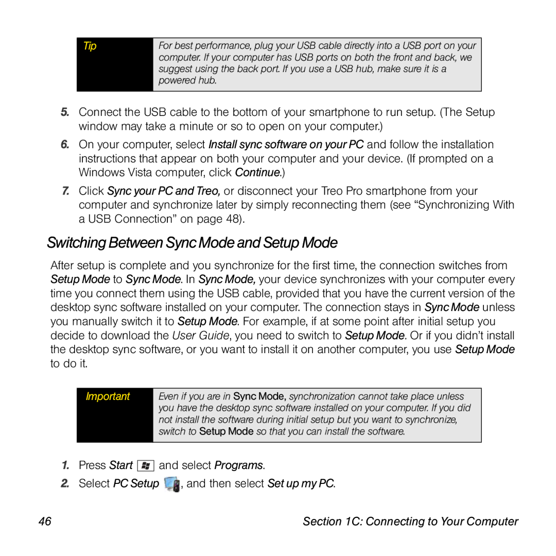 Palm TREOPROBLKSPT manual Switching Between Sync Mode and Setup Mode 