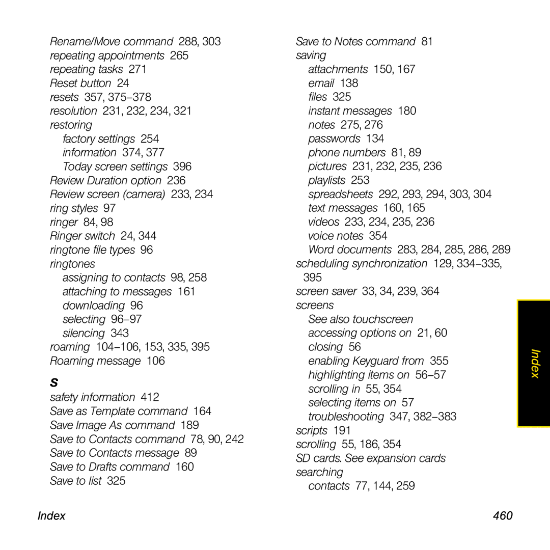 Palm TREOPROBLKSPT manual SD cards. See expansion cards searching, Index 460 