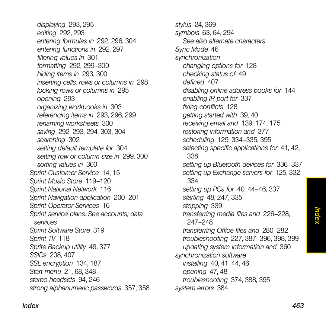 Palm TREOPROBLKSPT manual Index 463 