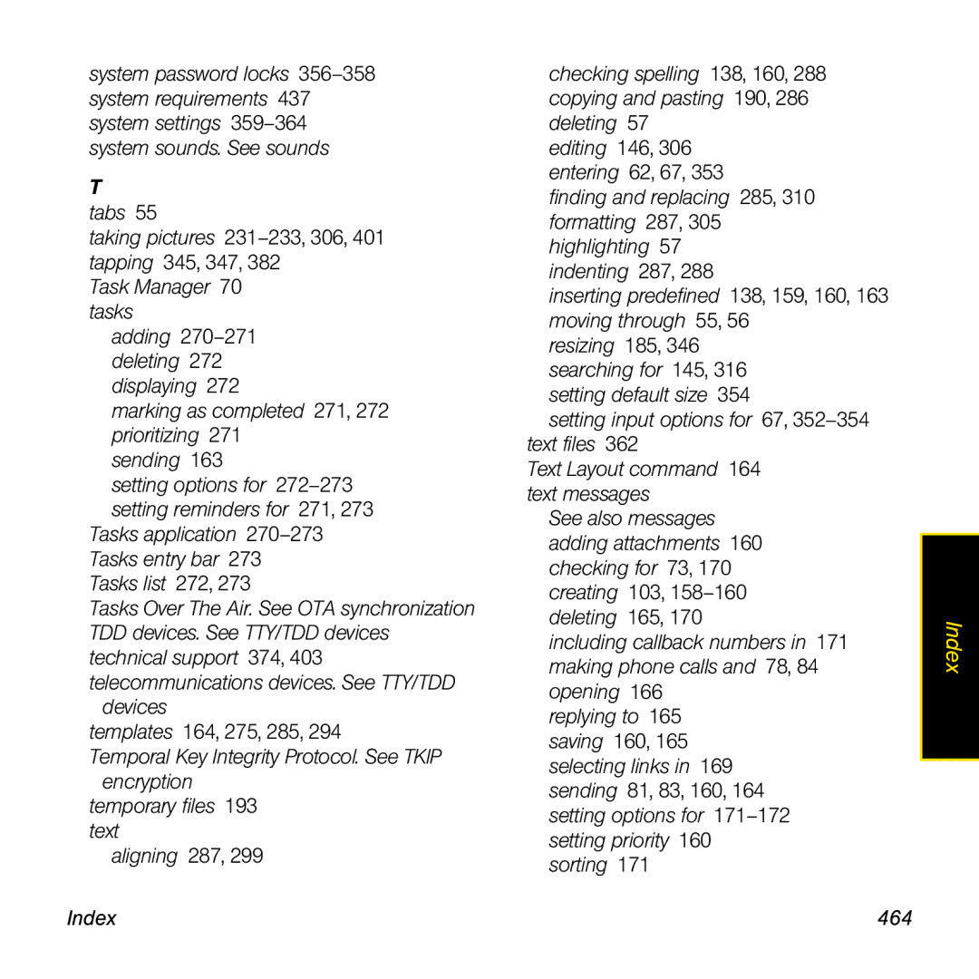 Palm TREOPROBLKSPT manual Marking as completed 271, 272 prioritizing Sending, Index 464 