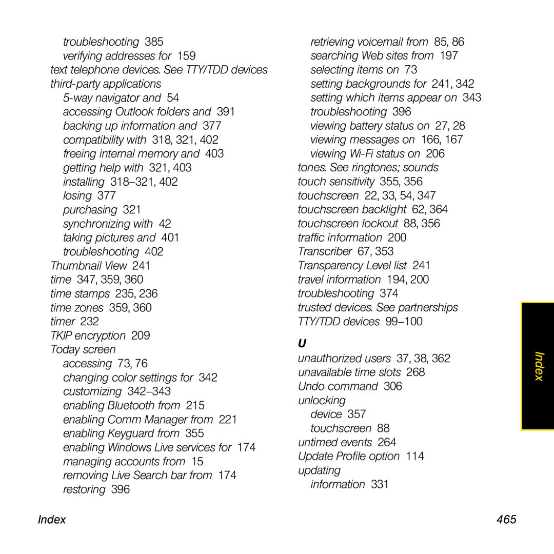 Palm TREOPROBLKSPT manual Index 465 