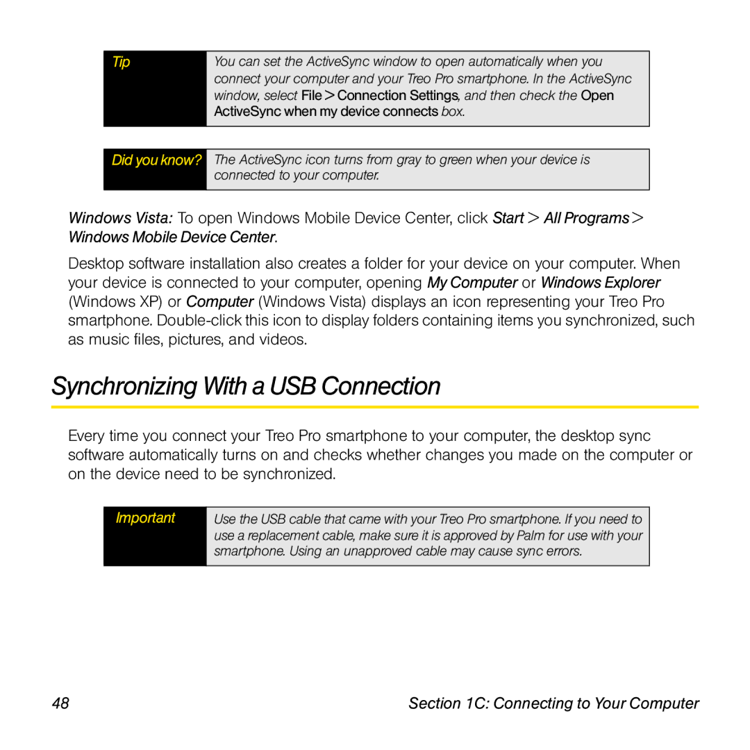 Palm TREOPROBLKSPT manual Synchronizing With a USB Connection 