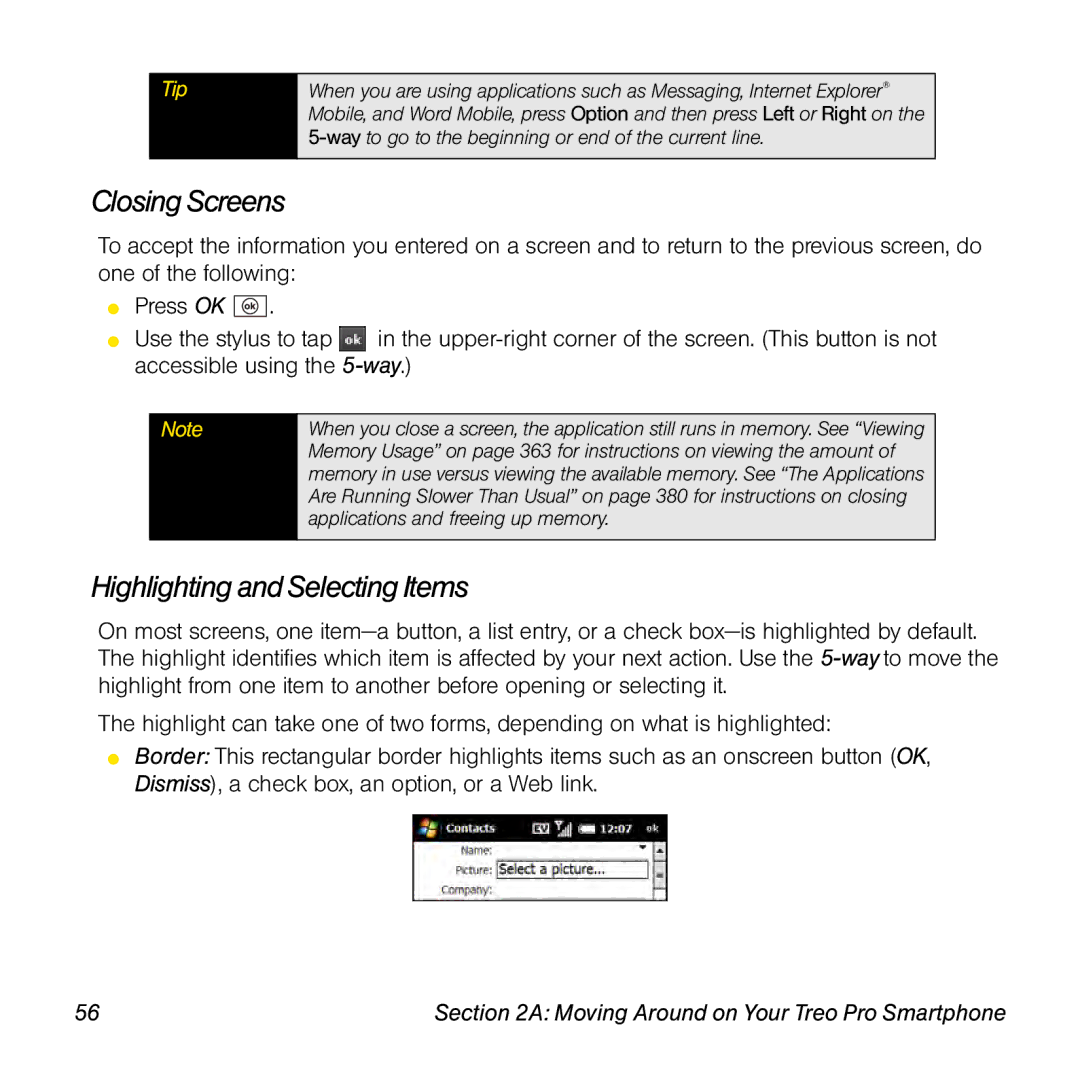 Palm TREOPROBLKSPT manual Closing Screens, Highlighting and Selecting Items 