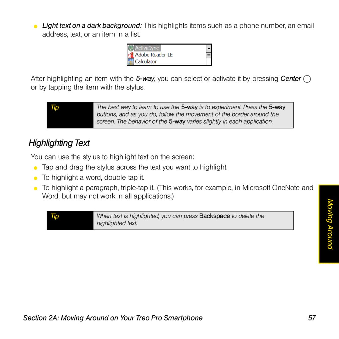 Palm TREOPROBLKSPT manual Highlighting Text 