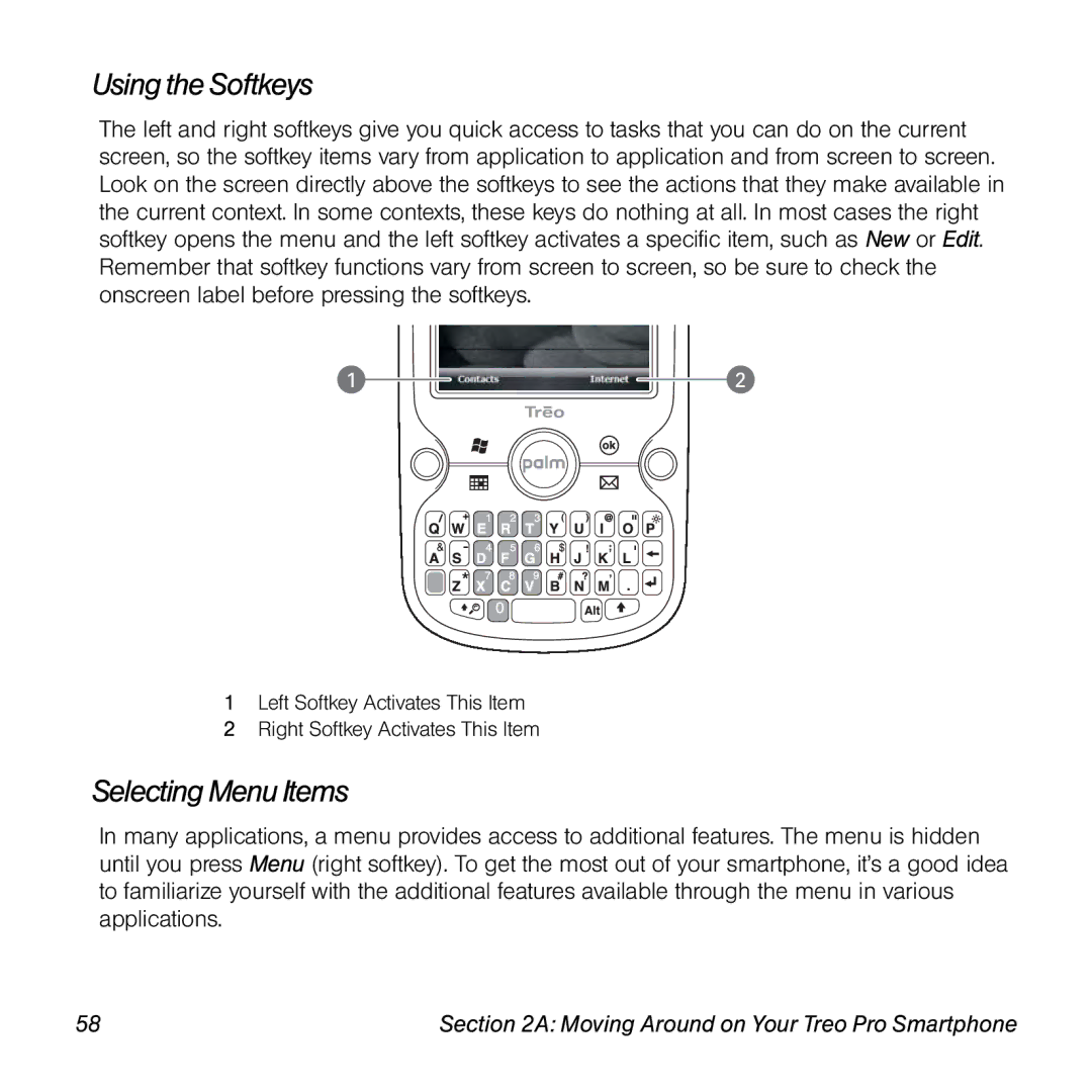 Palm TREOPROBLKSPT manual Using the Softkeys, Selecting Menu Items 