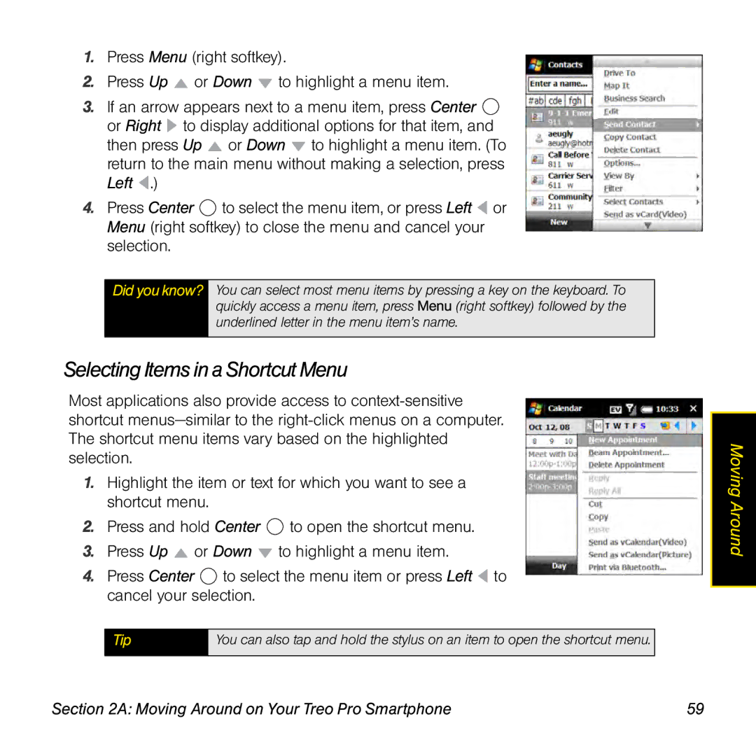 Palm TREOPROBLKSPT manual Selecting Items in a Shortcut Menu 