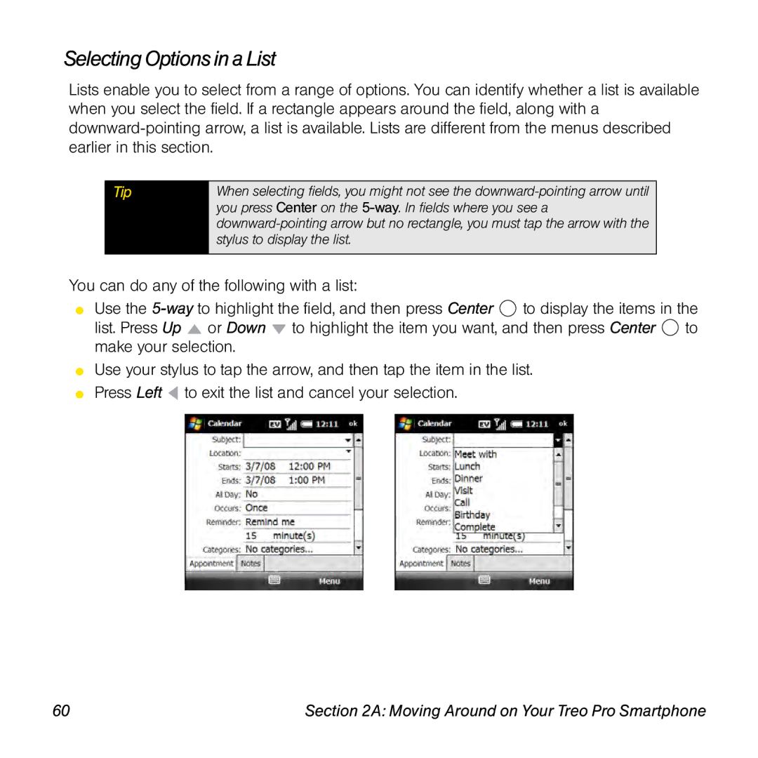 Palm TREOPROBLKSPT manual Selecting Options in a List 