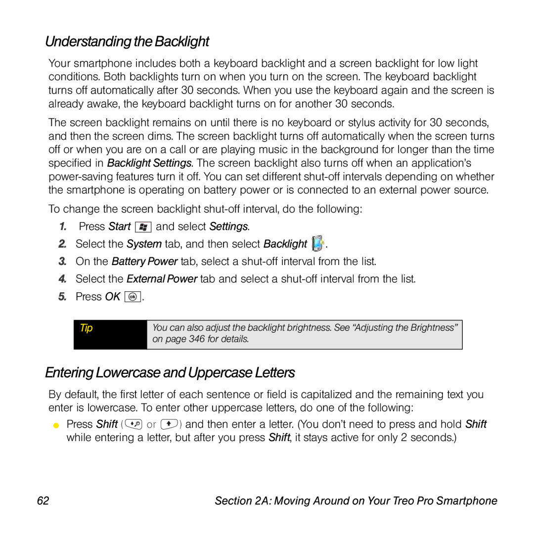 Palm TREOPROBLKSPT manual Understanding the Backlight, Entering Lowercase and Uppercase Letters 