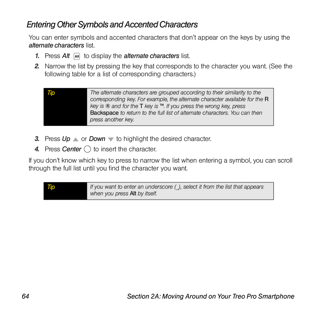 Palm TREOPROBLKSPT manual Entering Other Symbols and Accented Characters 