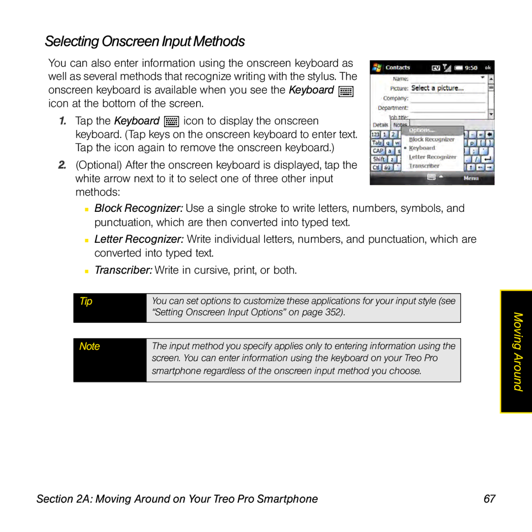 Palm TREOPROBLKSPT manual Selecting Onscreen Input Methods, Setting Onscreen Input Options on 