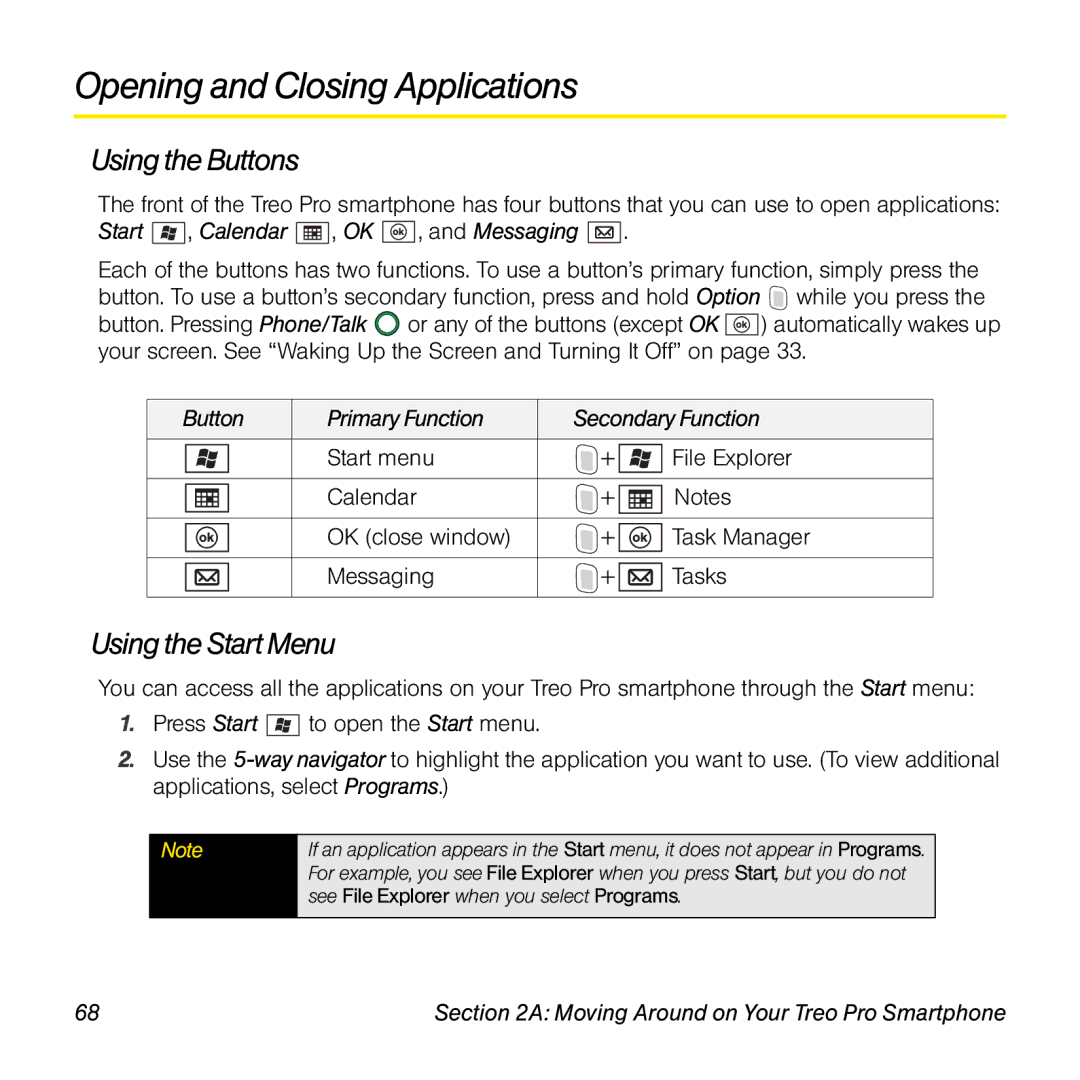 Palm TREOPROBLKSPT manual Opening and Closing Applications, Using the Buttons, Using the Start Menu 