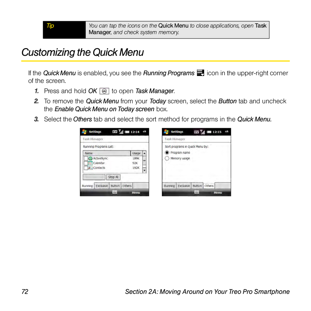 Palm TREOPROBLKSPT manual Customizing the Quick Menu 