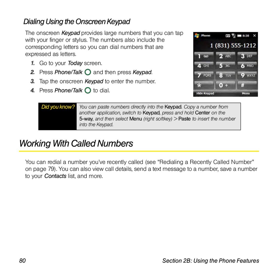 Palm TREOPROBLKSPT manual Working With Called Numbers, Dialing Using the Onscreen Keypad 