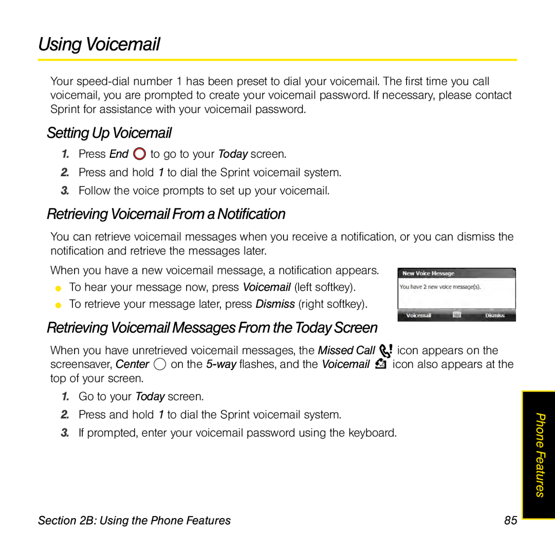 Palm TREOPROBLKSPT manual Using Voicemail, Setting Up Voicemail, Retrieving Voicemail From a Notification 