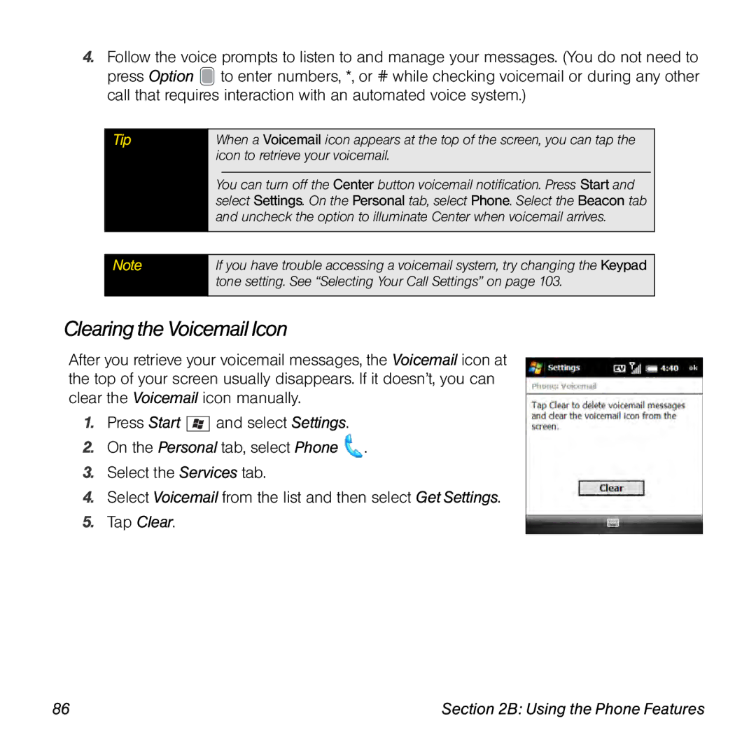 Palm TREOPROBLKSPT manual Clearing the Voicemail Icon 