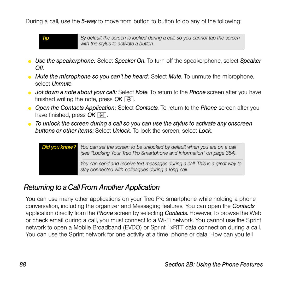 Palm TREOPROBLKSPT manual Returning to a Call From Another Application 