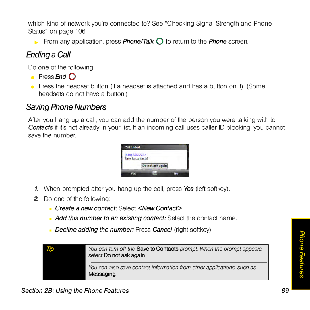 Palm TREOPROBLKSPT manual Ending a Call, Saving Phone Numbers 