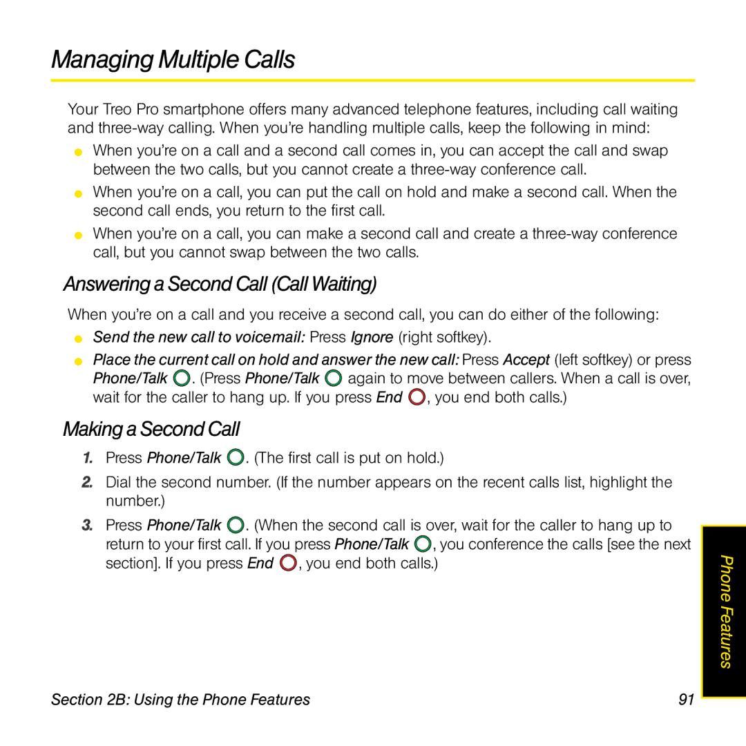 Palm TREOPROBLKSPT manual Managing Multiple Calls, Answering a Second Call Call Waiting, Making a Second Call 