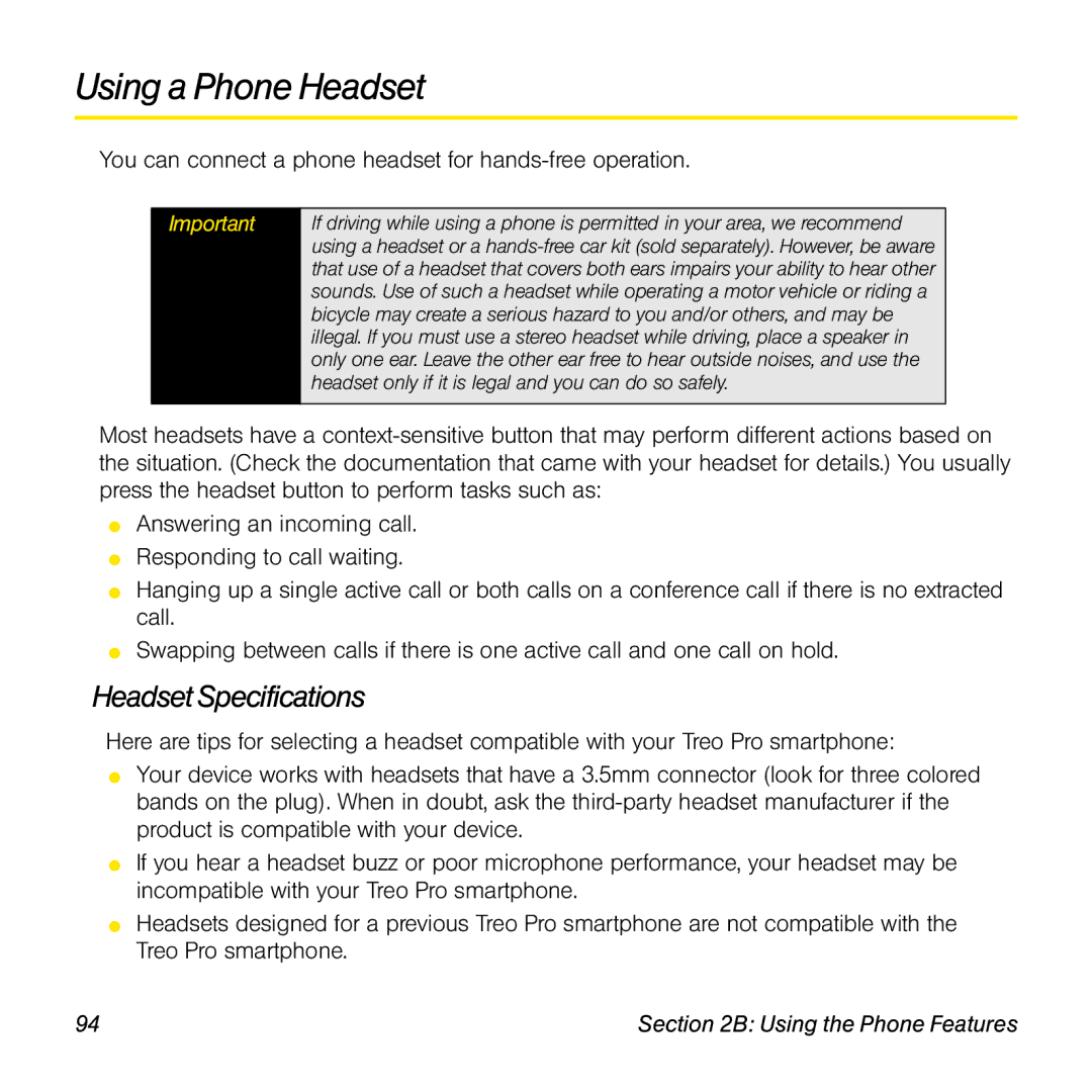 Palm TREOPROBLKSPT manual Using a Phone Headset, Headset Specifications 