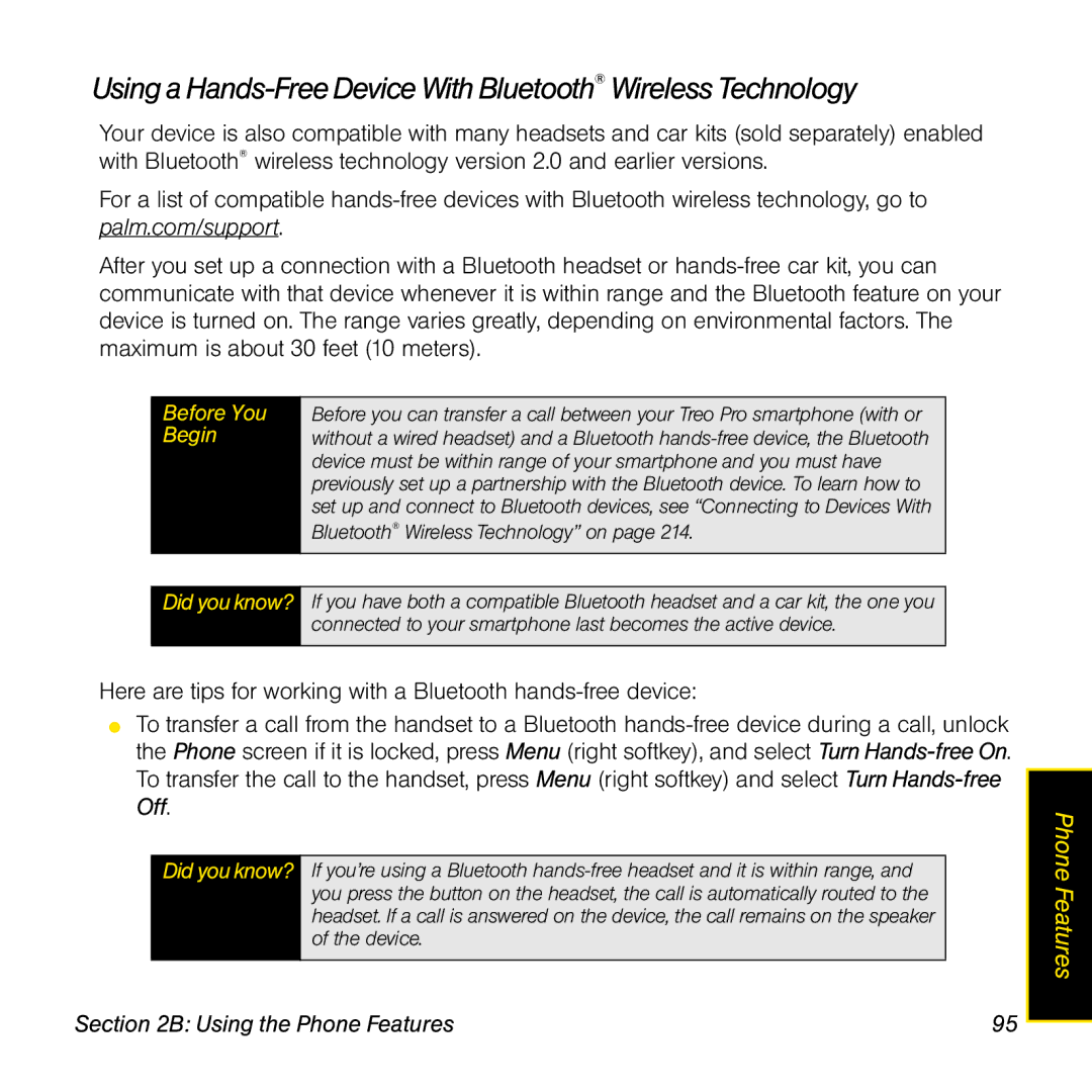 Palm TREOPROBLKSPT manual Using a Hands-Free Device With Bluetooth Wireless Technology 