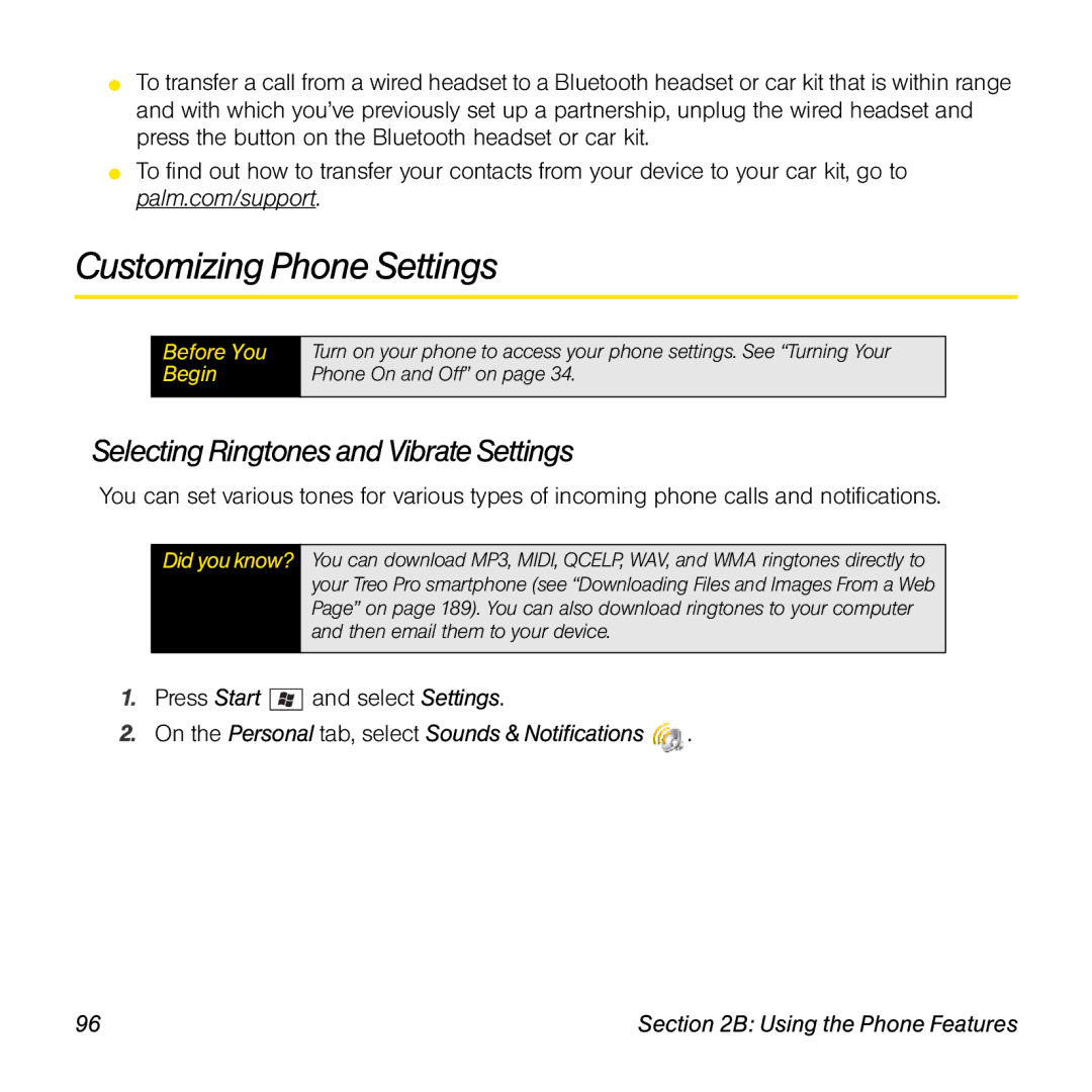 Palm TREOPROBLKSPT manual Customizing Phone Settings, Selecting Ringtones and Vibrate Settings 