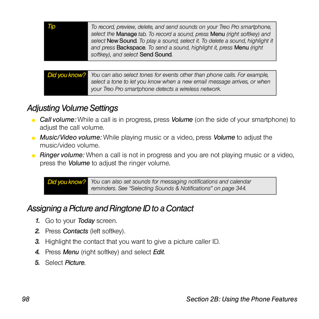 Palm TREOPROBLKSPT manual Adjusting Volume Settings, Assigning a Picture and Ringtone ID to a Contact 