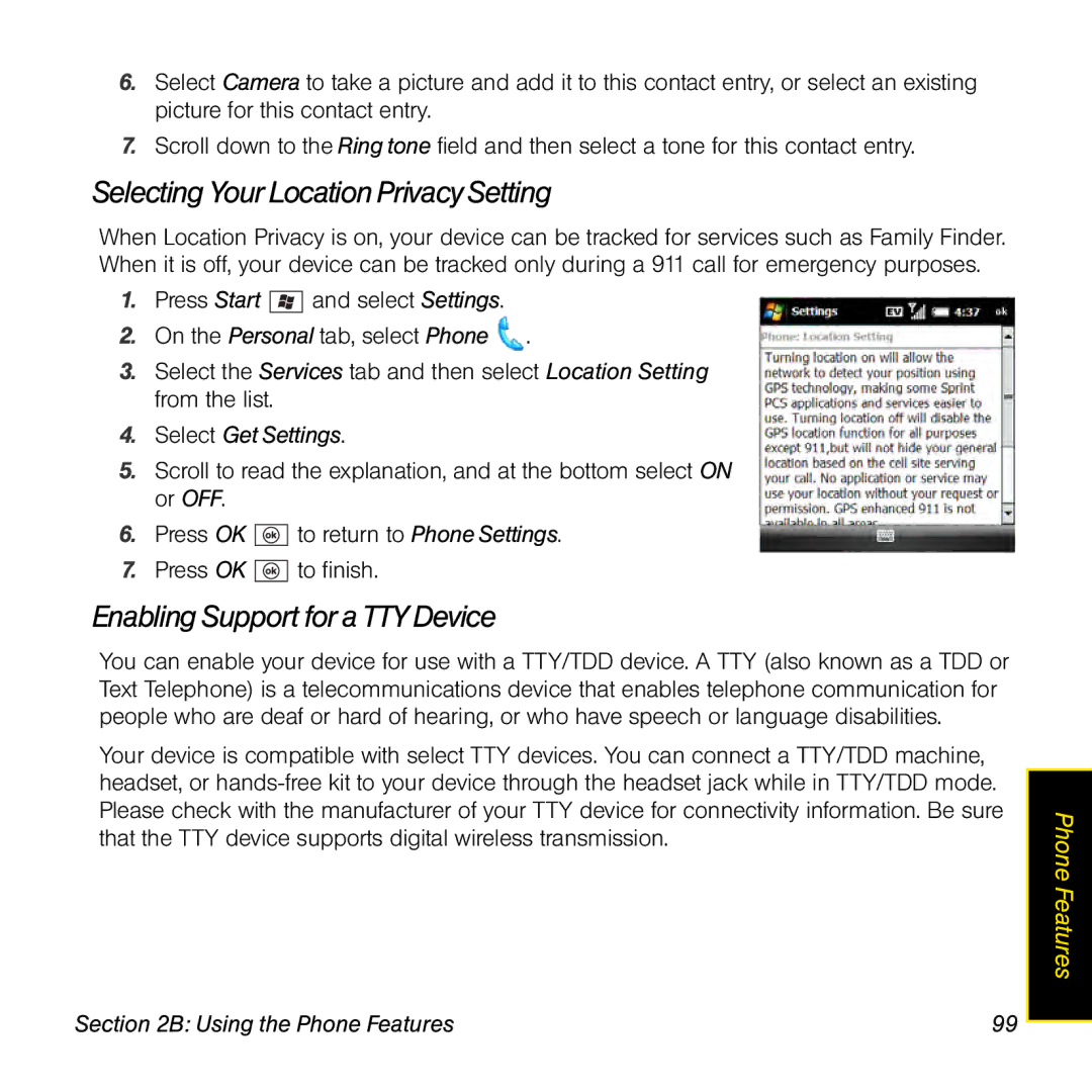 Palm TREOPROBLKSPT manual Selecting Your Location Privacy Setting, Enabling Support for a TTY Device, Select Get Settings 