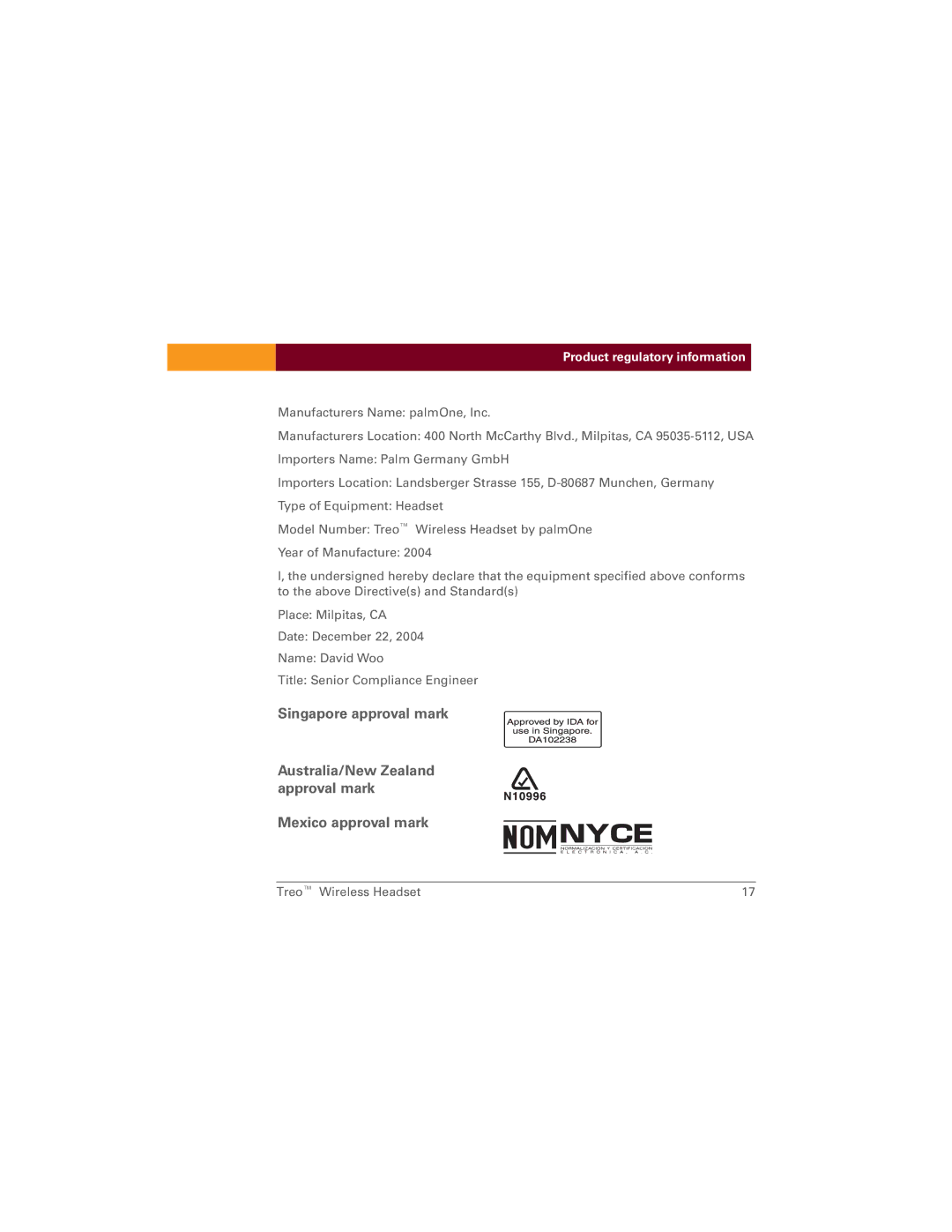 Palm TreoTM manual Product regulatory information 