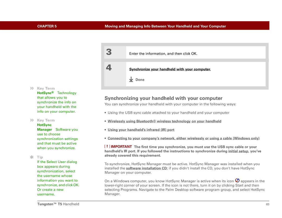 Palm Tungsten T5 manual Synchronizing your handheld with your computer, HotSync 