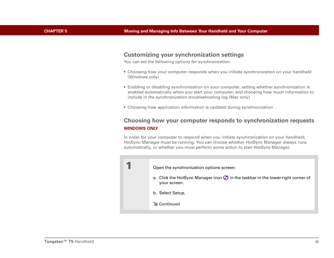 Palm Tungsten T5 manual Customizing your synchronization settings 