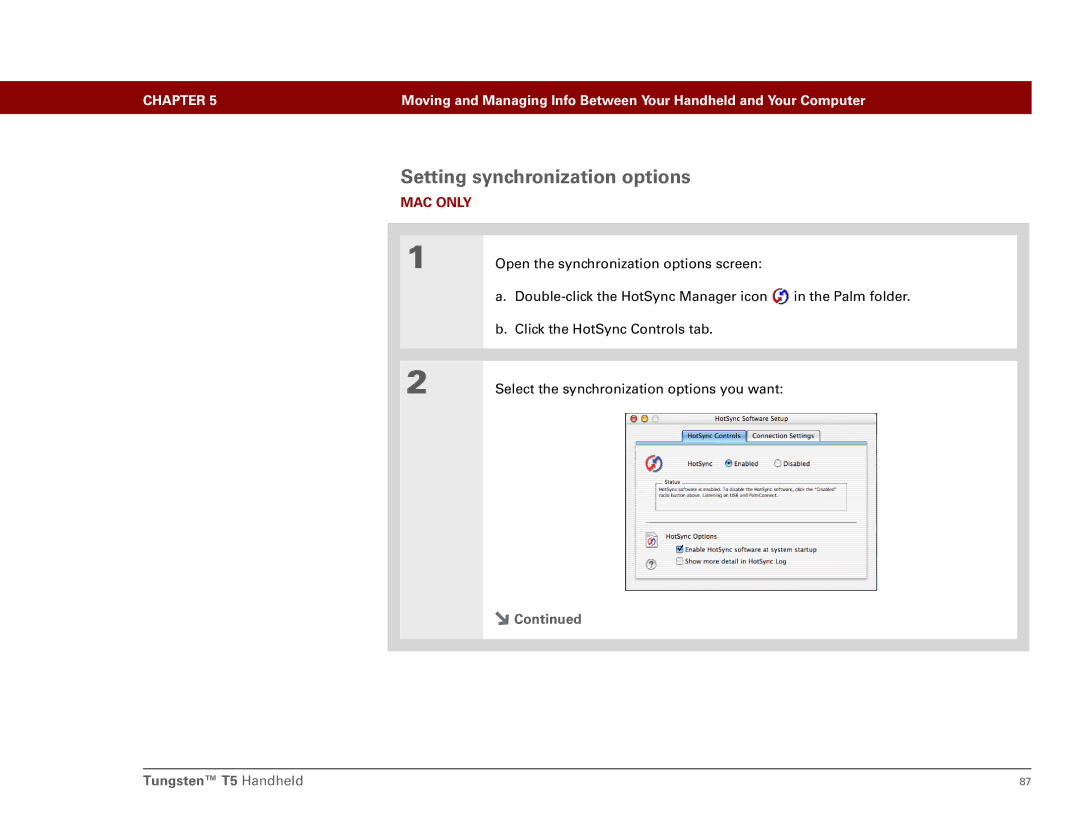 Palm Tungsten T5 manual Setting synchronization options 