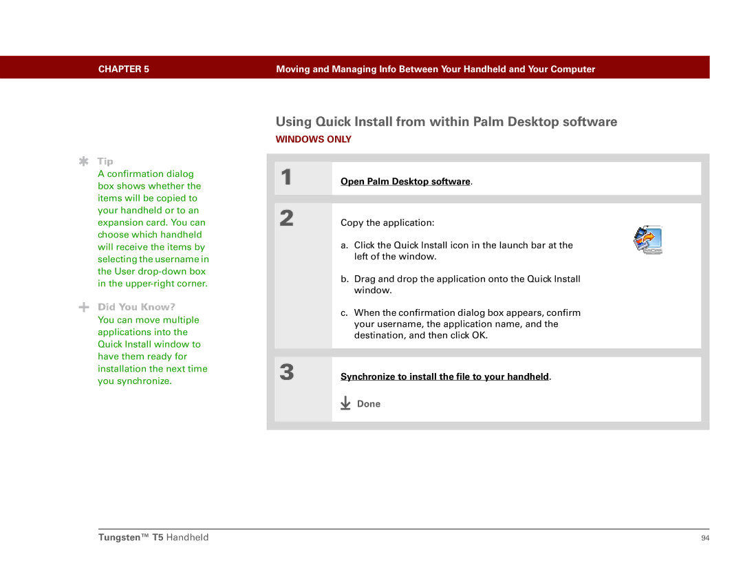 Palm Tungsten T5 manual Using Quick Install from within Palm Desktop software, Open Palm Desktop software 