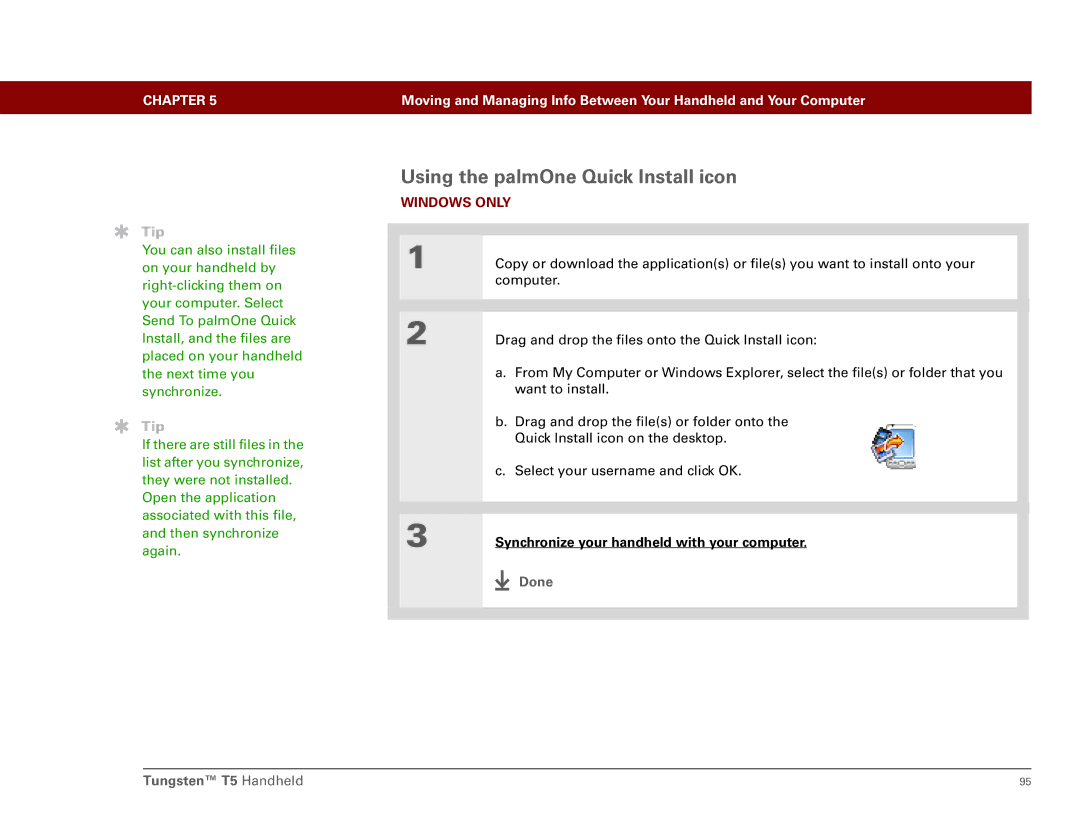 Palm Tungsten T5 manual Using the palmOne Quick Install icon 