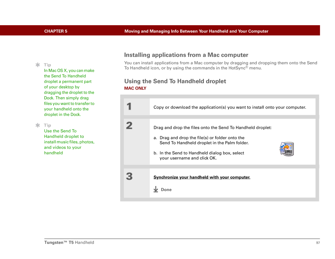 Palm Tungsten T5 manual Installing applications from a Mac computer, Using the Send To Handheld droplet 