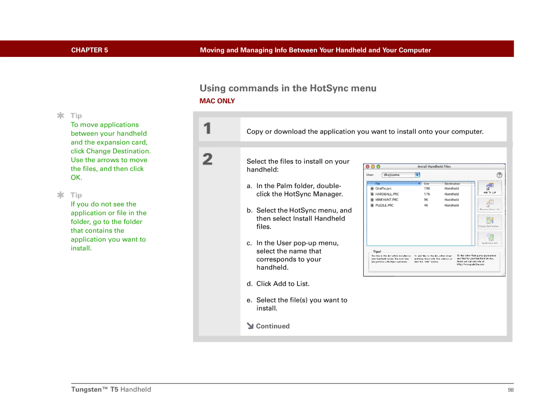 Palm Tungsten T5 manual Using commands in the HotSync menu 