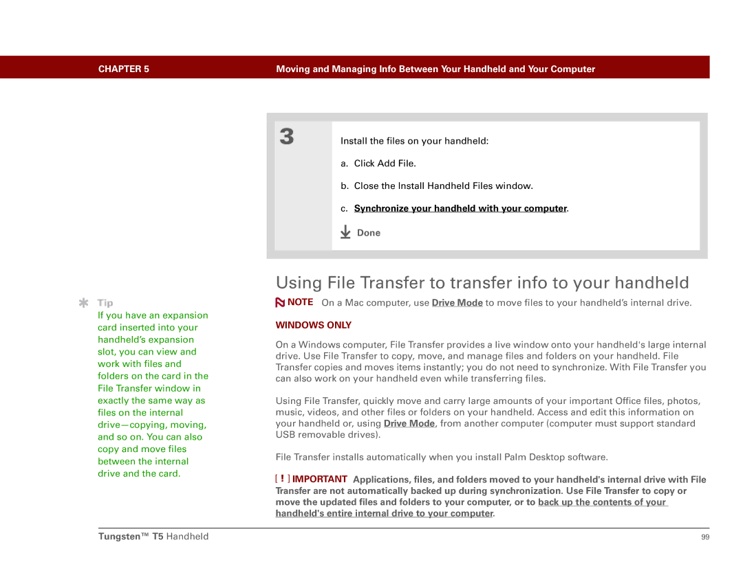 Palm Tungsten T5 manual Using File Transfer to transfer info to your handheld 