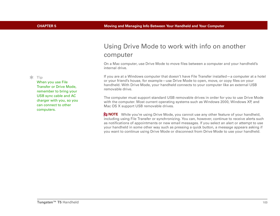 Palm Tungsten T5 manual Using Drive Mode to work with info on another computer 