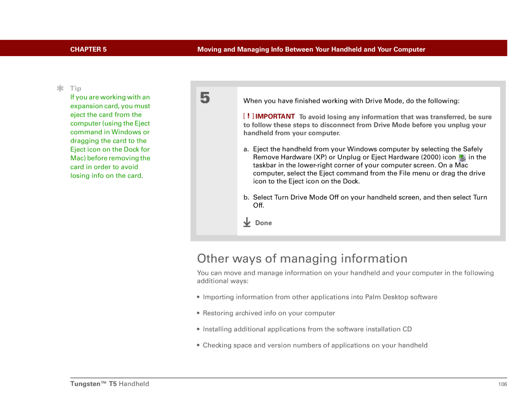 Palm Tungsten T5 manual Other ways of managing information, Handheld from your computer 