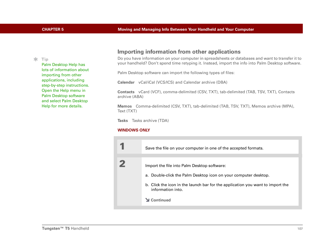 Palm Tungsten T5 manual Importing information from other applications 