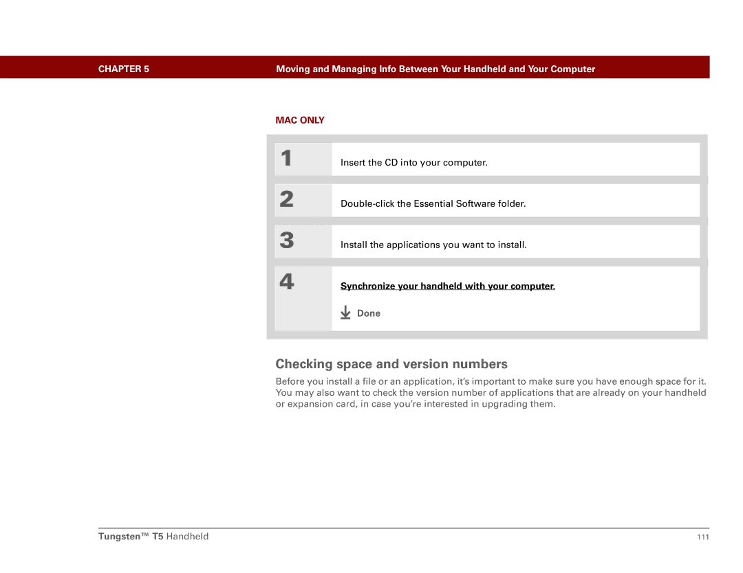 Palm Tungsten T5 manual Checking space and version numbers 