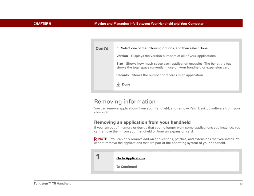 Palm Tungsten T5 manual Removing information, Removing an application from your handheld 