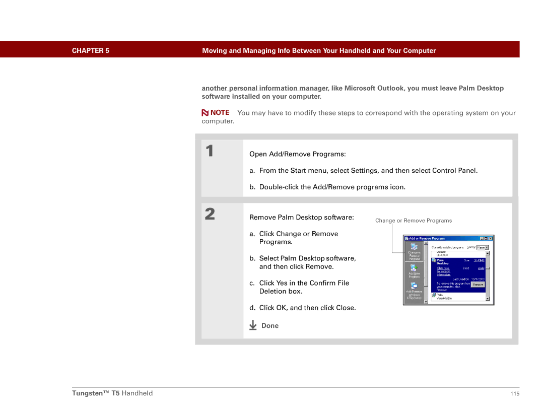 Palm Tungsten T5 manual Remove Palm Desktop software 