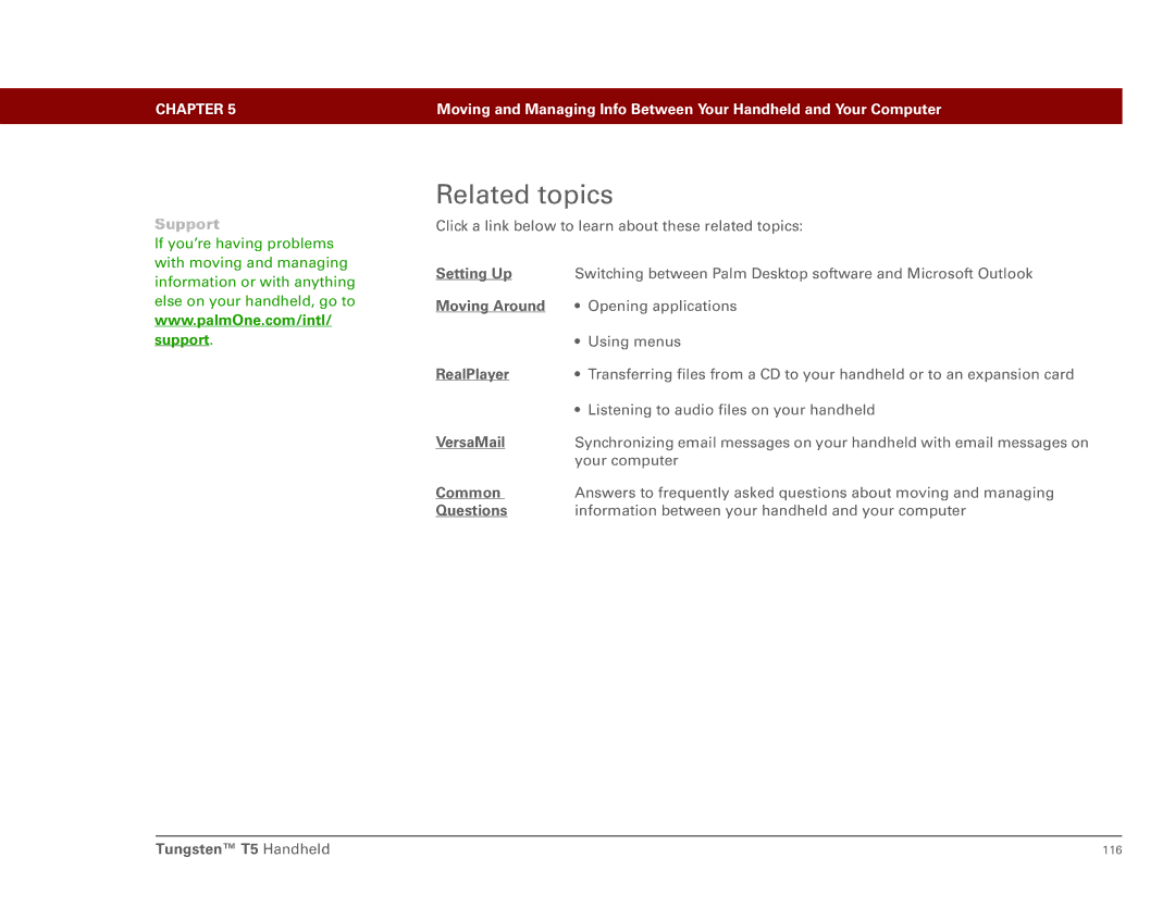 Palm Tungsten T5 manual Related topics, Setting Up 