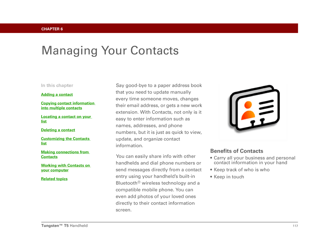 Palm Tungsten T5 manual Managing Your Contacts, Benefits of Contacts 