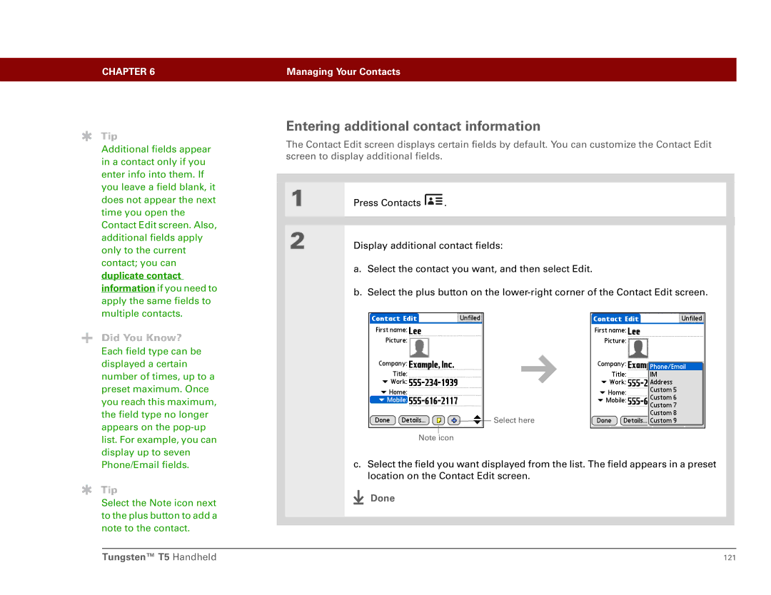 Palm Tungsten T5 manual Entering additional contact information, Duplicate contact 