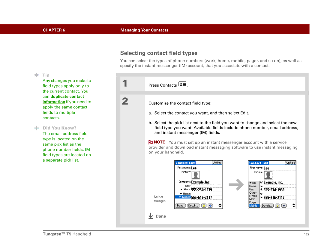 Palm Tungsten T5 manual Selecting contact field types, Can duplicate contact information if you need to 