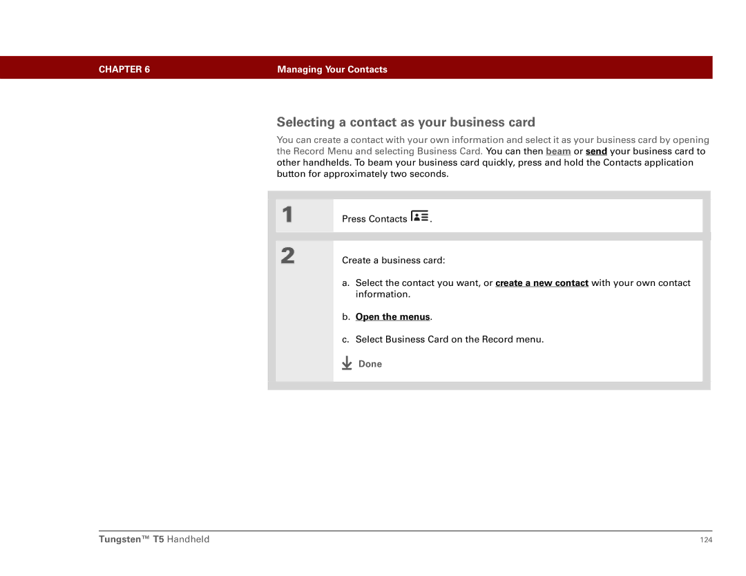 Palm Tungsten T5 manual Selecting a contact as your business card 