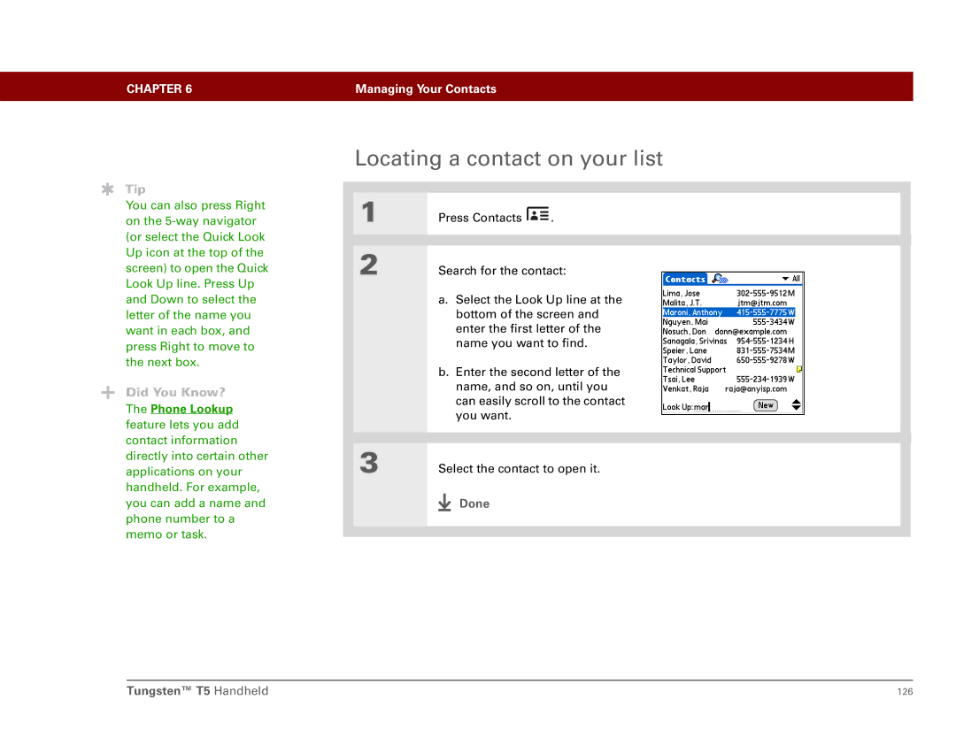 Palm Tungsten T5 manual Locating a contact on your list, Done 