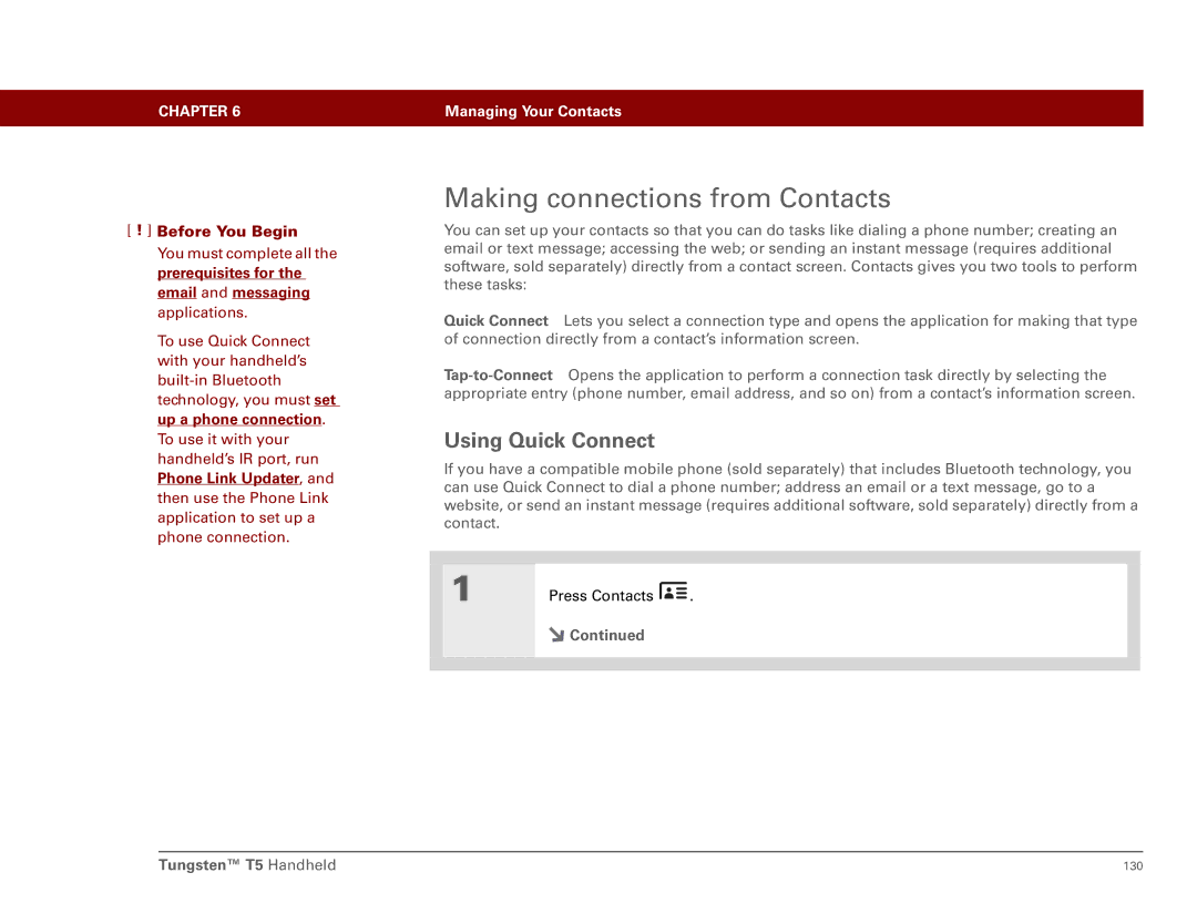 Palm Tungsten T5 manual Making connections from Contacts, Using Quick Connect 