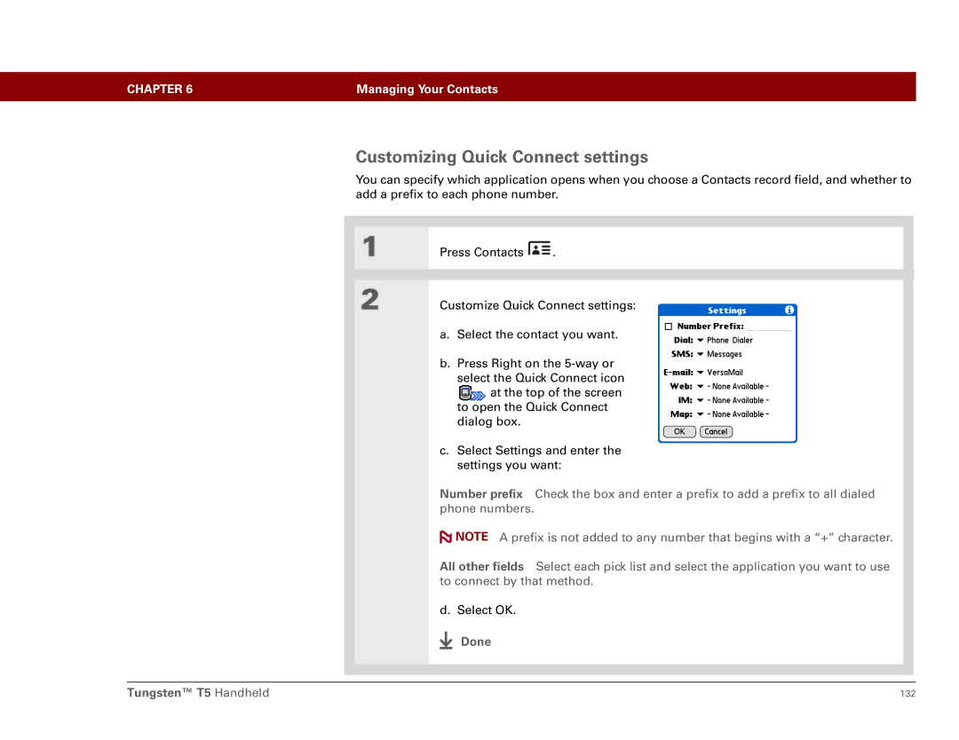 Palm Tungsten T5 manual Customizing Quick Connect settings 